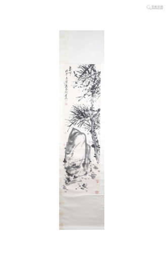 A Chinese Bamboo And Stone Painting Paper Scroll, Wu Changsh...