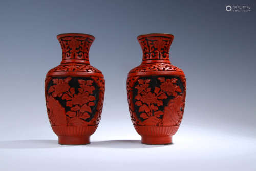 A Pair Of Black-Ground Carved Cinnabar Lacquer Vases