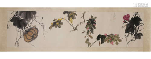 A Chinese Flowers Painting Paper Scroll, Lu Xiaoman Mark