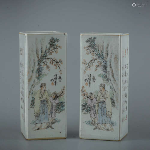 A Pair Of Polychrome-Enameled Figural Square Hat Stands