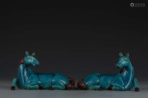 A Pair Of Peacock-Blue-Glaze Horses Ornaments