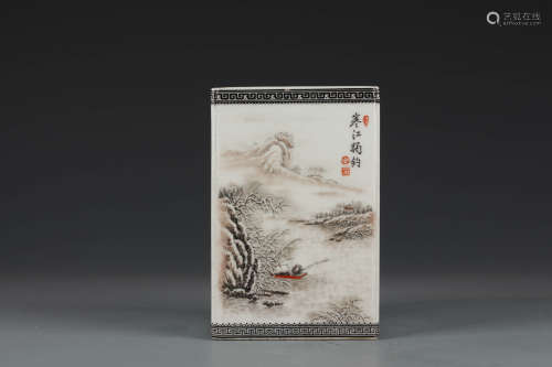 An Inscribed Grisaille Landscape Square Brush Pot