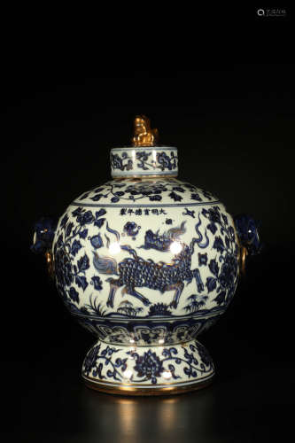 A Blue And White Kylin Floral Double Lion-Eared Jar