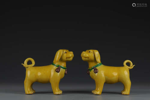 A Pair Of Yellow-Glaze Porcelain Dog Ornaments