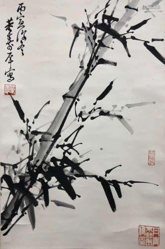 A Chinese Bamboo Painting Paper Scroll, Dong Shouping Mark
