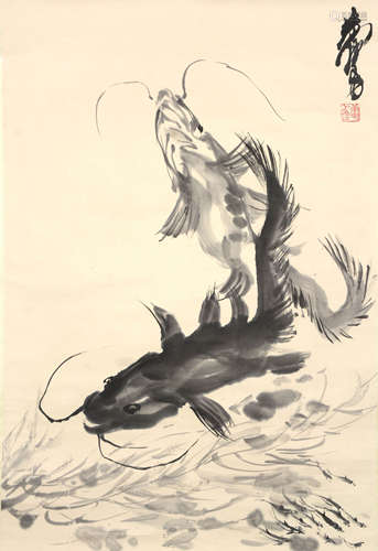 A Chinese Fish Group Painting Scroll, Huang Zhou Mark