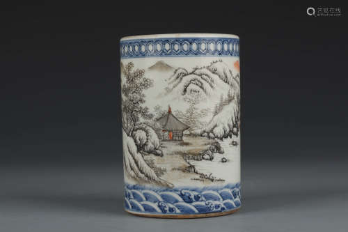 An Underglaze-Blue And Grisaille Landscape Brush Pot