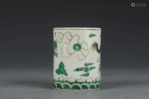 A Green-Enameled Dragon And Clouds Brush Pot