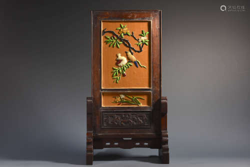 A Hardstone Inlaid Rosewood Table Screen