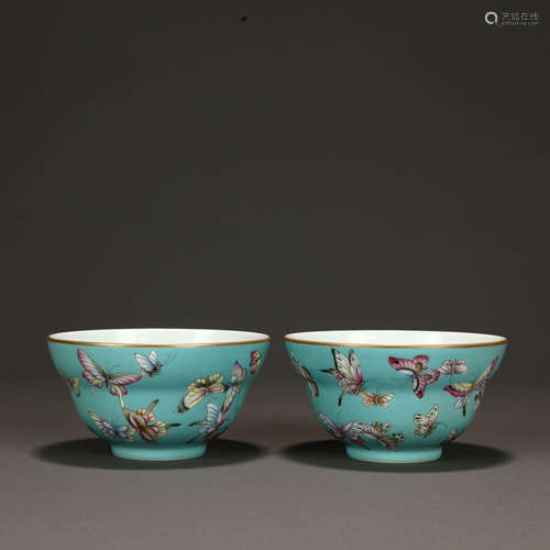 A Pair Of Blue-Glaze Famille Rose Butterfly Cups