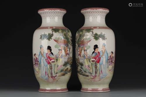 A Pair Of Famille Rose Figural Dish-Top Vases