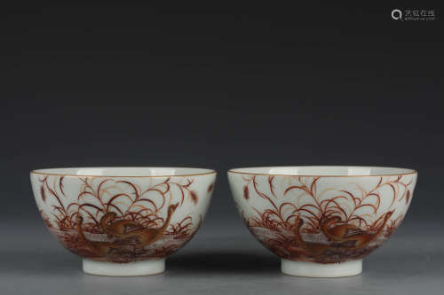 A Pair Of Iron-Red-Glazed Flowers And Birds Bowls