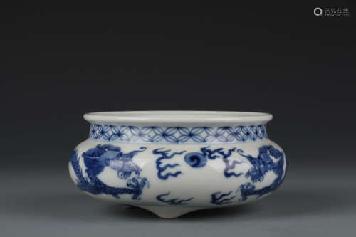 A Blue And White Dragon Playing Tripod Censer