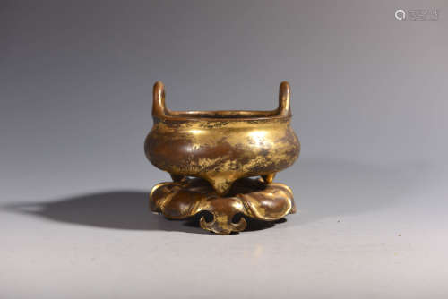 A Gilt Bronze Double-Eared Incense Burner