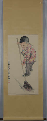 A Chinese Child Painting Paper Scroll, Jiang Zhaohe Mark