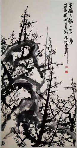 A Chinese Plum Blossom Painting Paper Scroll, Guan Shanyue M...