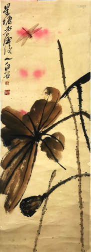A Chinese Lotus Pond Painting Silk Scroll, Qi Baishi Mark