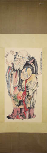 A Chinese Birthday Figure Painting Paper Scroll, Li Geng Mar...