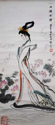 A Chinese Lady Painting Paper Scroll, Liu Danzhai Mark