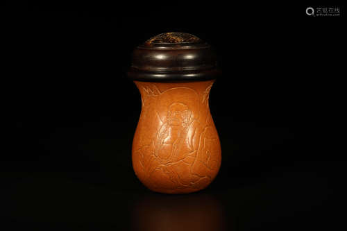 A Carved Wood Arhat And Tiger Cricket Jar