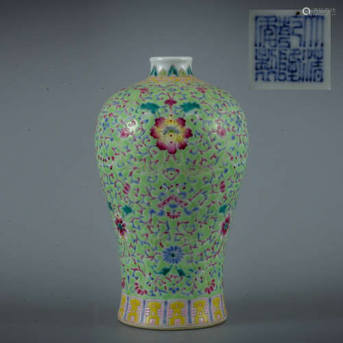 A Green-Ground Famille Rose Floral Meiping Vase