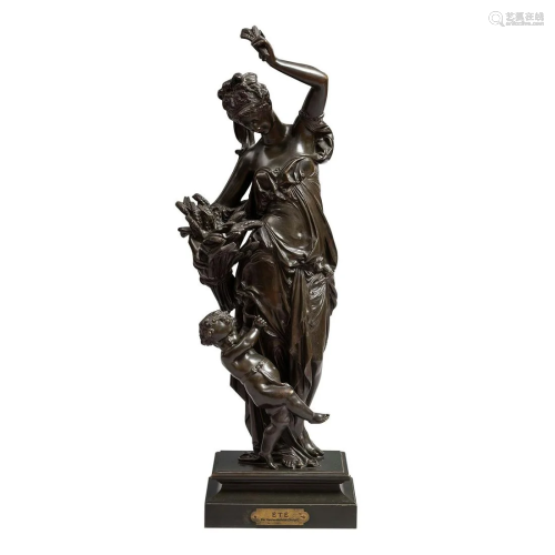 19th C Bronze Sculpture of Mother & Child, Signed Carrier-Be...