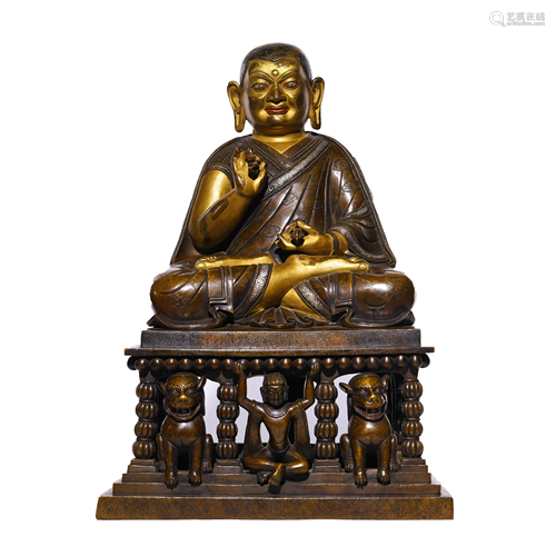 Tibetan Gilt-Bronze Guru Inlaid with Silver