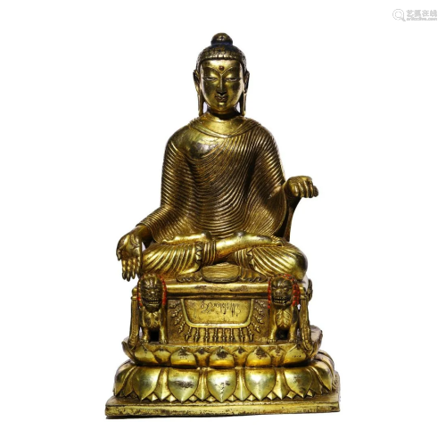 Chinese Gilt-Bronze Sakyamuni Statue with Swat Silver Inaid