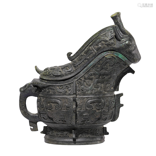 Chinese Bronze Archiastic Animal Face Wine Vessel, Gong