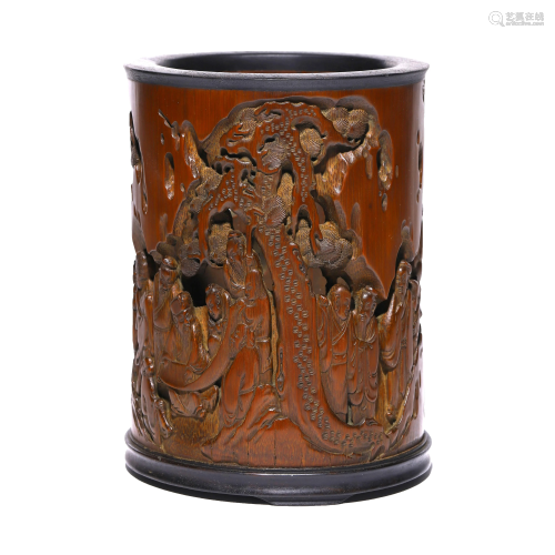 Chinese Bamboo Carving of Brush Pot with Poems Marked Shen D...