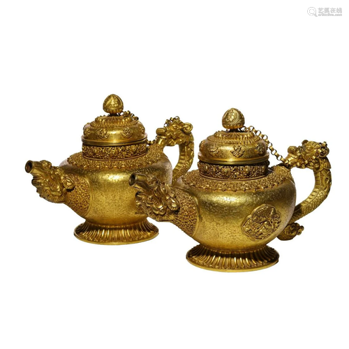 Pair of Chinese Gilt-Bronze Dragon Kettels