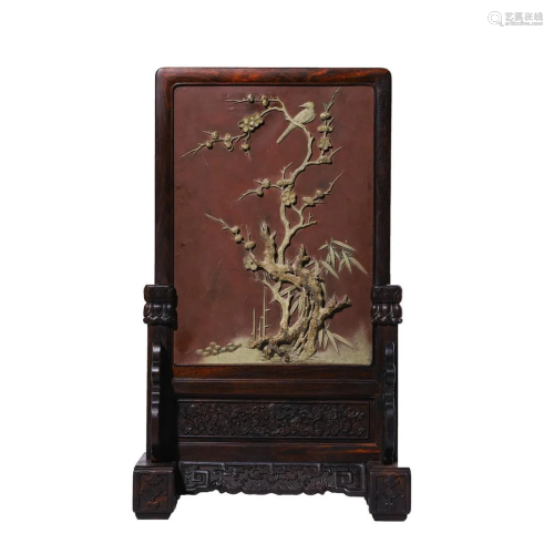 Chinese Qi Yang Stone Birds & Flowers Table Screen & Stand