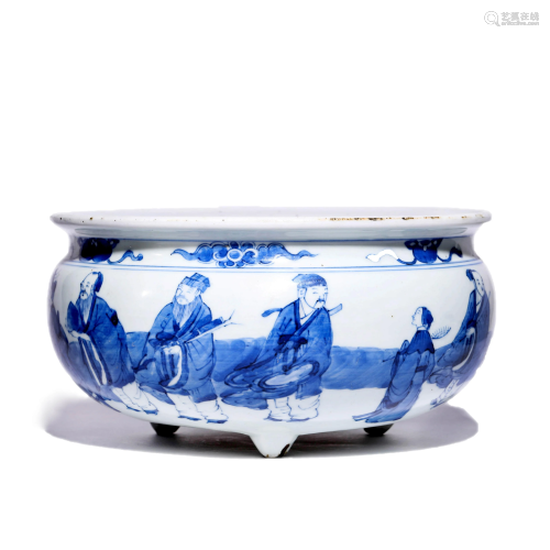 Chinese Blue & White Porcelain Tripot Censer