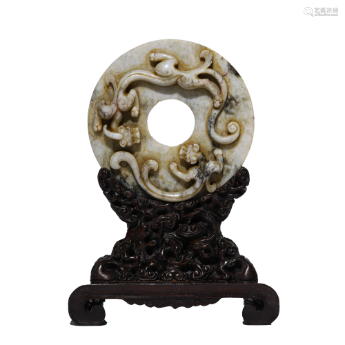Chinese Jade Chi Dragon Table Screen & Wooden Stand