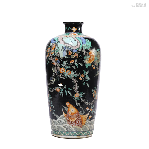 Chinese Porcelain Ink-Glazed Wucai Birds & Flowers Vase Mark...