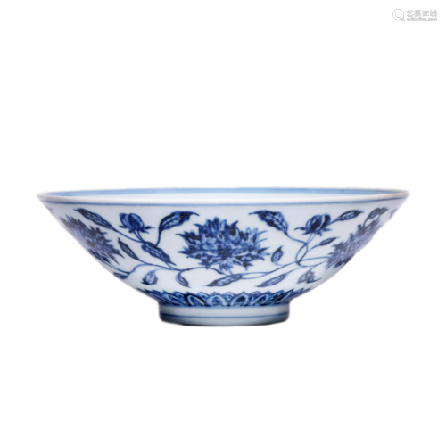 Chinese Porcelain Blue & White Interlock Branches Bowl Marke...