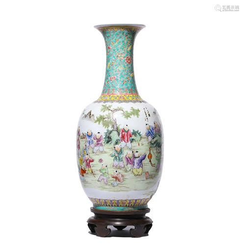 Chinese Porcelain Famille-Rose Children Vase Marked Qian Lon...