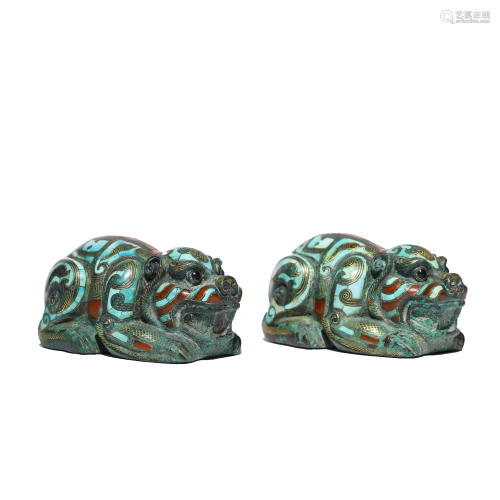 Pair of Chinese Gold-Inlaid Lions with Turquoise Inlaid