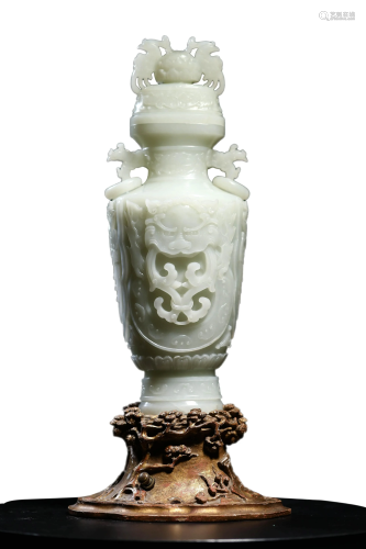 Chinese White Jade Phoenix & Lion Motif Vase & Cover with  S...