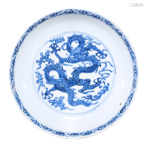 Chinese Blue & White Porcelain Dragon Dish Marked Wan Li