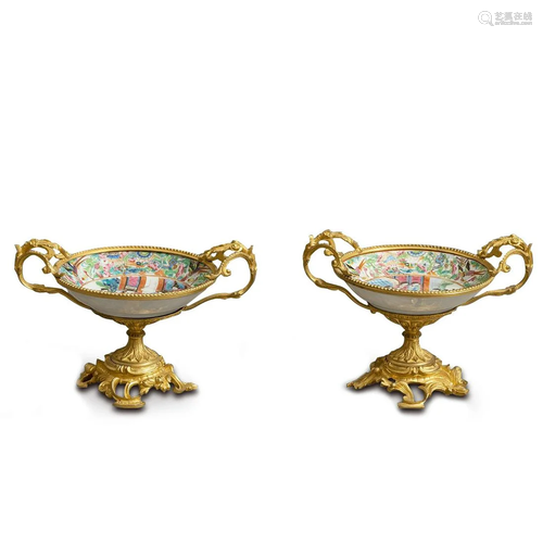 Pair of 18th C Louis XV Style Gilt-Bronze Famille Rose Fruit...