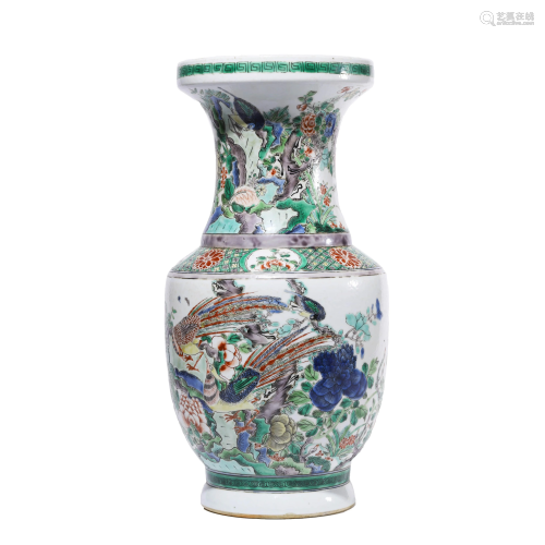 Chinese Porcelain Wucai Birds & Flowers Vase Marked Kang Xi