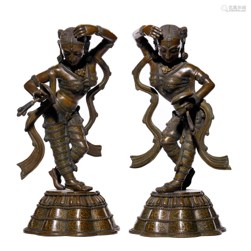 Pair of Bronze Silver-Inlaid Fairies