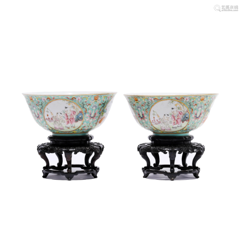 Pair of Chinese Porcelain Famille-Rose Children Bowls & Stan...