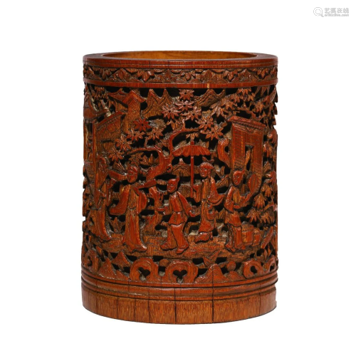 Chinese Bamboo Carving Brush Pot of People in Yard