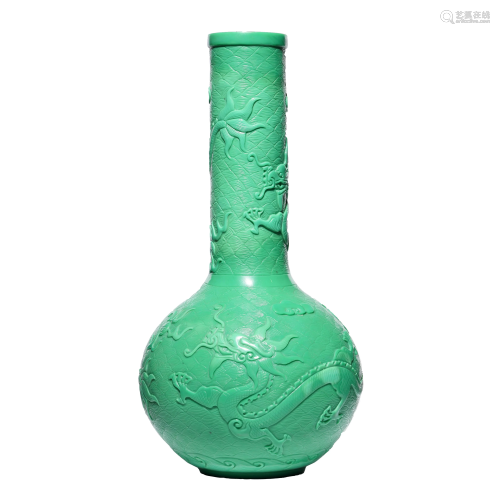 Chinese Green Glass Dragon Vase Marked Qian Long