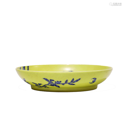 Chinese Porcelain Yellow-Ground Blue & White Flower Dish Mar...