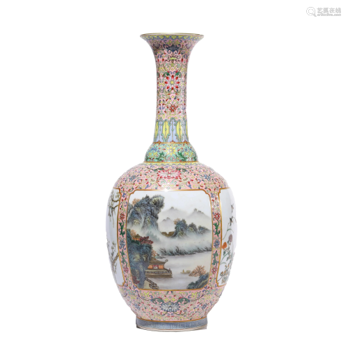 Chinese Porcelain Famille-Rose Mountains & Rivers Vase Marke...