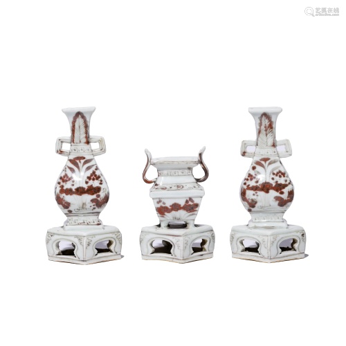 Set of Chinese Porcelain Copper-Red-Glazed Vases & Censer