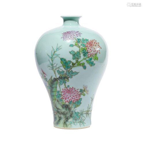Chinese Porcelain Celadon-Glazed Butterfly &  Flower Meiping...